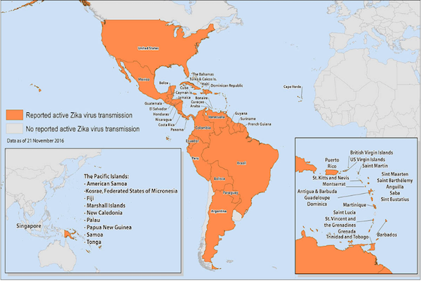Map of North America, South America, and the Pacific Islands showing territories where the Zika virus has been reported.