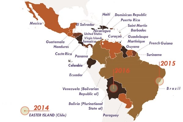 map of South America depicting the sites of Zika outbreaks in 2014, 2015, and 2016