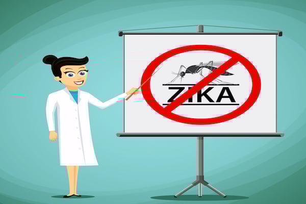 cartoon of smiling scientist in lab coat gesturing at a picture of a mosquito and the word "ZIKA" with a crossed-out circle over it.